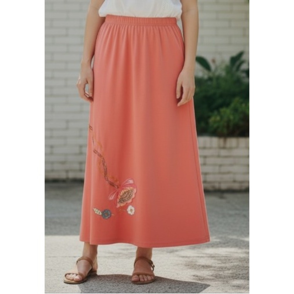 Indigo Moon Floral Embroidered Coral Skirt Size L Pull On ~‎ Excellent